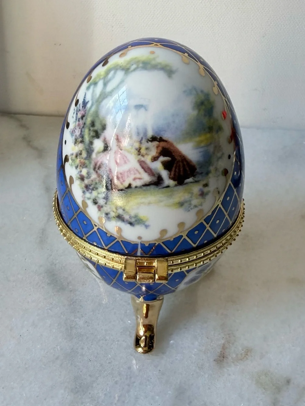 Blue Decorative Porcelain Egg Trinket Box with Gold Accents